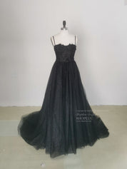 A-Line Black Sweetheart Floor-Length Tulle High Slit Prom Dress