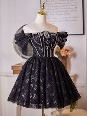 A-Line Off Shoulder Tulle Beads Black Prom Dress, Black Homecoming Dress