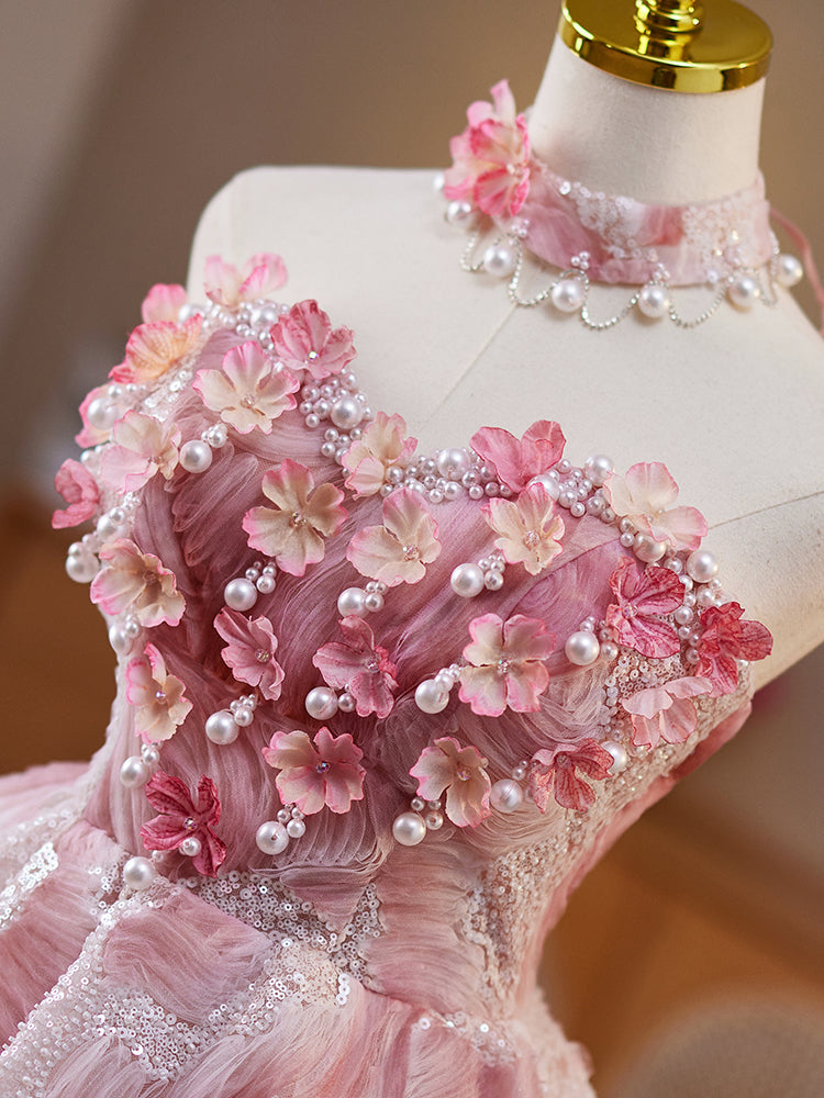 A-Line Straight Neckline Knee-Length Pink Tulle & Lace Floral Homecoming Dress