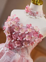 A-Line Straight Neckline Knee-Length Pink Tulle & Lace Floral Homecoming Dress