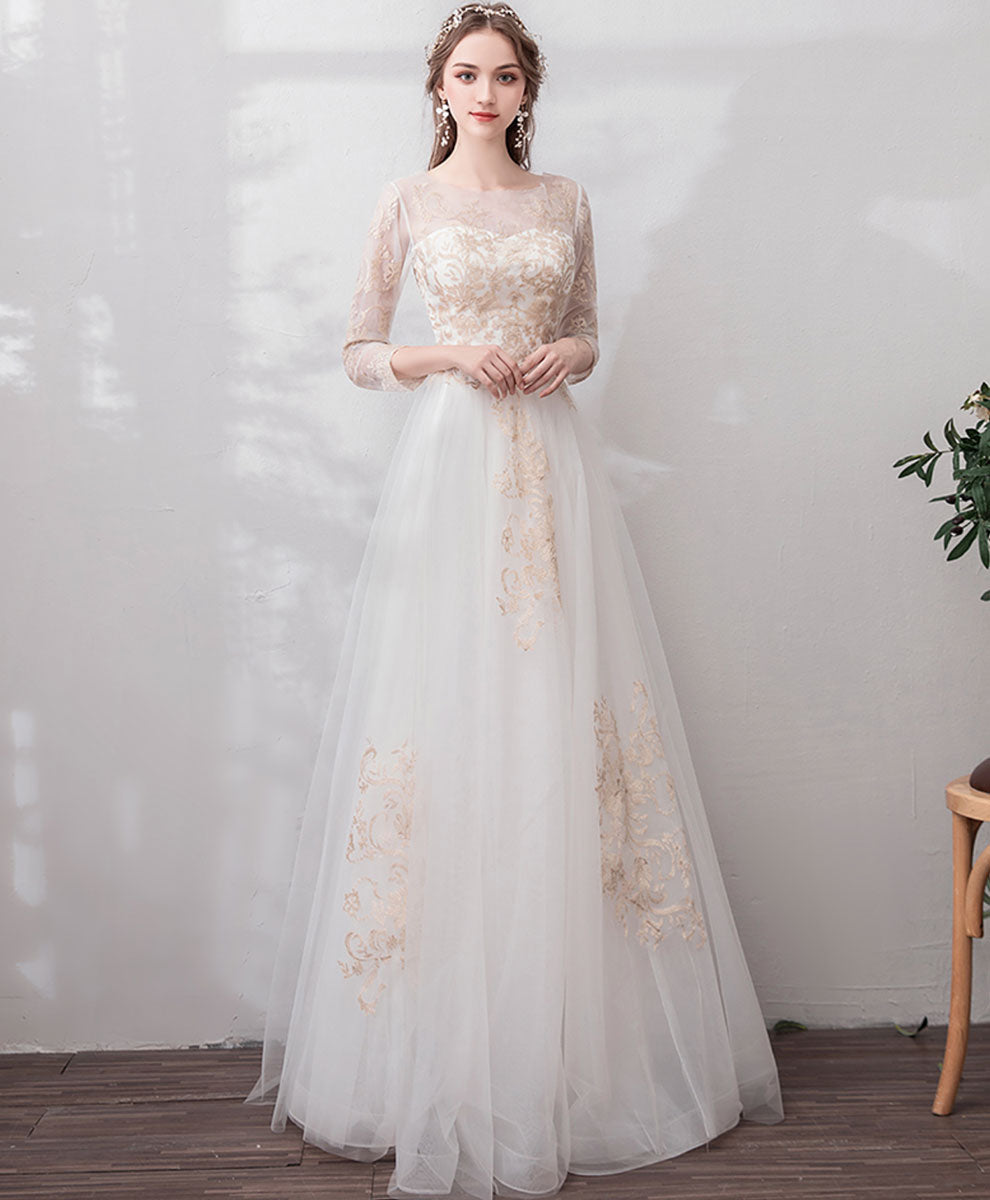 A-Line Ivory Illusion Neck Floor-Length Tulle Lace Prom Dress with Embroidered Bodice