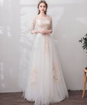 A-Line Ivory Illusion Neck Floor-Length Tulle Lace Prom Dress with Embroidered Bodice