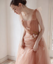 A-Line Scoop Neck Floor-Length Blush Tulle & Lace Prom Dress with 3D Floral Appliqué