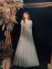 A-Line Off-the-Shoulder Floor-Length Sage Tulle Sequin Prom Dress with Beaded Bodice