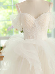Princess Ivory Sweetheart Neck Floor-Length Tulle Prom Dress with Layered Ruffles and Beaded Lace