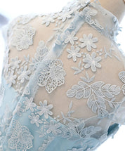 A-Line High Neck Floral Lace Applique Chiffon Short Homecoming Dress With Cap Sleeves