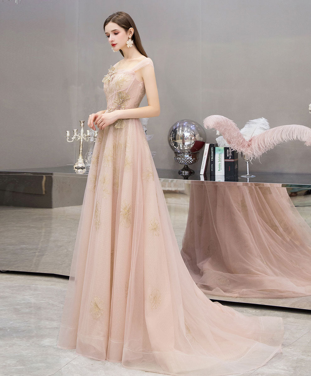 A-Line Illusion Square Neck Floor-Length Blush Pink Tulle Prom Dress with Floral Lace Appliqué