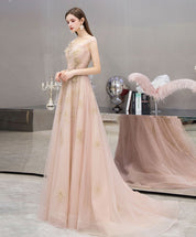 A-Line Illusion Square Neck Floor-Length Blush Pink Tulle Prom Dress with Floral Lace Appliqué