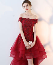 Off-Shoulder High-Low Tulle and Lace Homecoming Dress with Floral Appliqué