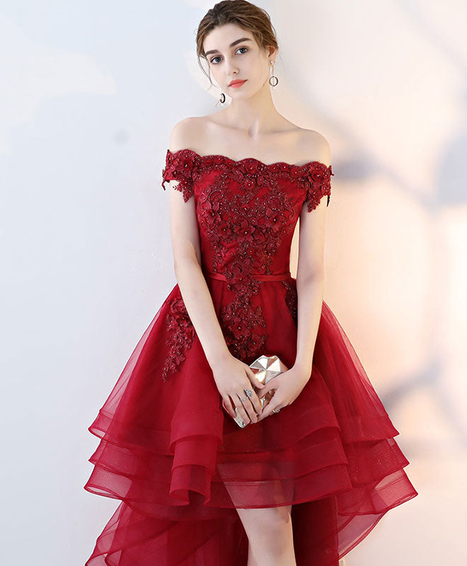 Off-Shoulder High-Low Tulle and Lace Homecoming Dress with Floral Appliqué