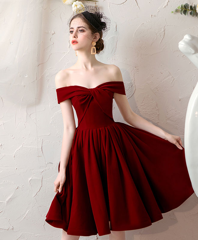 A-Line Off-Shoulder Velvet Knee-Length Homecoming Dress with Bow Detail