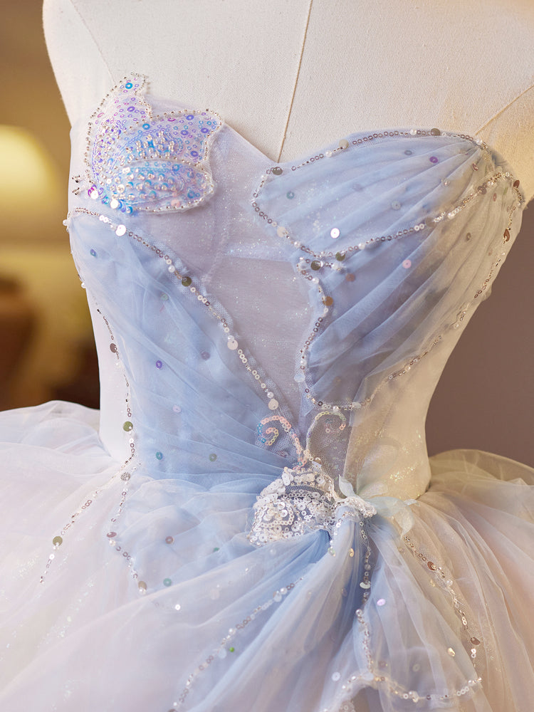 Strapless Light Blue Tulle Homecoming Dress with Beaded Bow Detail
