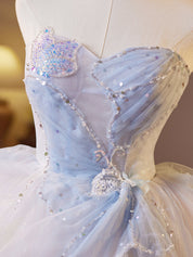 Strapless Light Blue Tulle Homecoming Dress with Beaded Bow Detail
