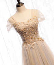 A-Line Champagne Sweetheart Floor-Length Tulle Lace Prom Dress with Beaded Bodice