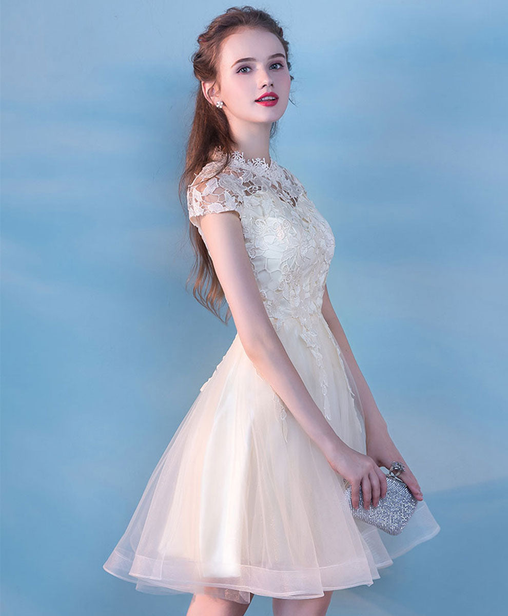 A-Line Illusion Neck Knee-Length Ivory Tulle Lace Homecoming Dress with Floral Appliqué