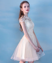 A-Line Illusion Neck Knee-Length Ivory Tulle Lace Homecoming Dress with Floral Appliqué