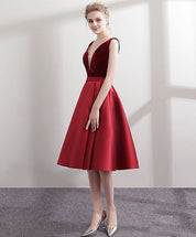 A-line V Neck Knee-Length Satin & Velvet Dress with Illusion Plunge Homecoming Dress