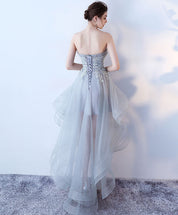 A-Line Strapless High-Low Tulle Homecoming Dress in Soft Gray with Lace Appliqué Bodice