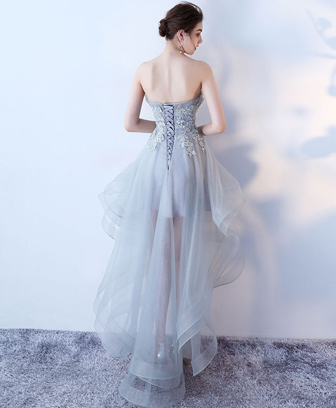 A-Line Strapless High-Low Tulle Homecoming Dress in Soft Gray with Lace Appliqué Bodice