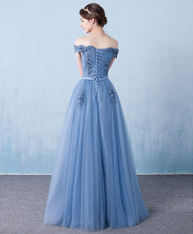 Off-The-Shoulder Floral Lace Appliqué Tulle Prom Dress With Lace-Up Back