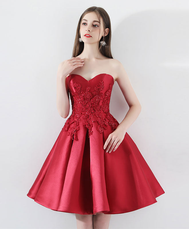 A-Line Sweetheart Neck Knee-Length Red Satin Lace Homecoming Dress