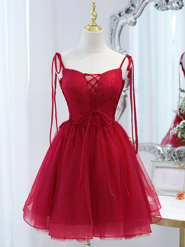 A-Line Sweetheart Short Red Tulle Homecoming Dress with Lace Bodice