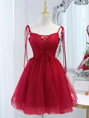 A-Line Sweetheart Short Red Tulle Homecoming Dress with Lace Bodice