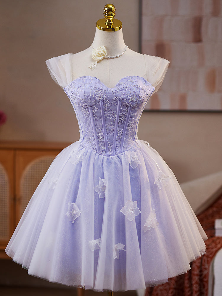 A-Line Sweetheart Neck Tulle Lace Short Purple Prom Dress, Purple Homecoming Dress
