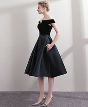 A-line Off-the-Shoulder Knee-Length Satin & Velvet Dress with Pleated Skirt Homecoming Dress