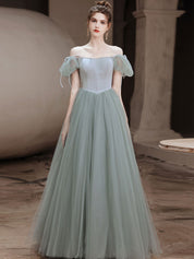 A-Line Off-the-Shoulder Floor-Length Sage Green Tulle Prom Dress with Soft Puff Sleeves