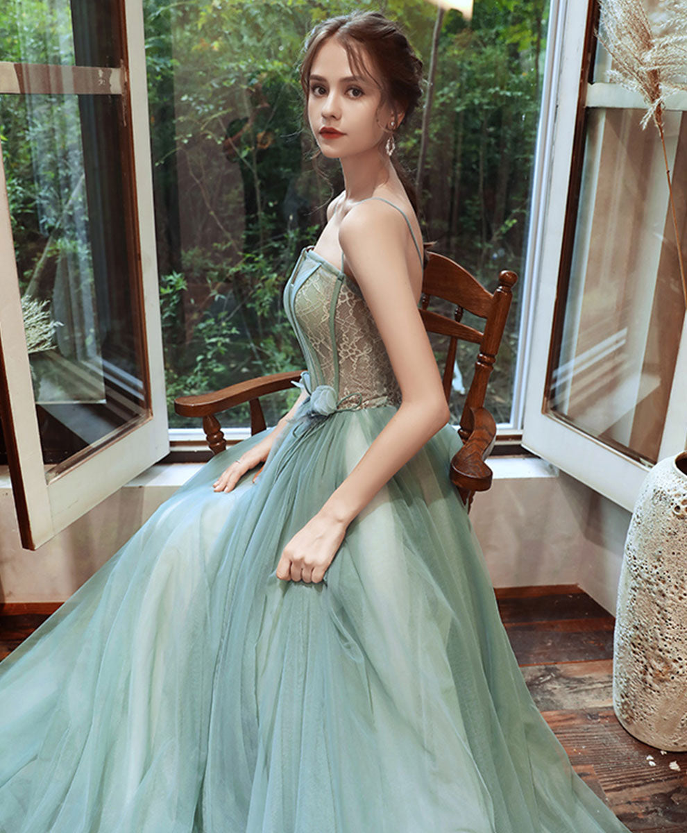 Ball Gown Sweetheart Neck Floor-Length Mint Green Tulle Lace Prom Dress with Corset Bodice