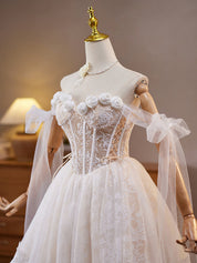 Ivory A-Line Off-the-Shoulder Knee-Length Tulle Homecoming Dress with 3D Floral Appliqué