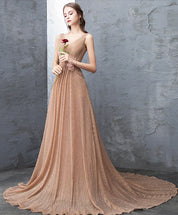 A-Line V-Neck Floor-Length Champagne Tulle Lace Prom Dress with Floral Waist Detail