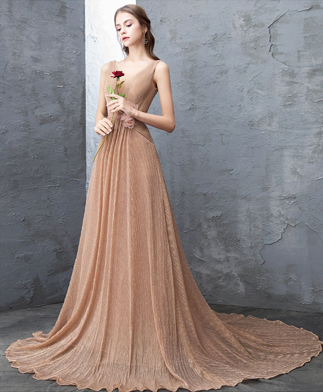 A-Line V-Neck Floor-Length Champagne Tulle Lace Prom Dress with Floral Waist Detail