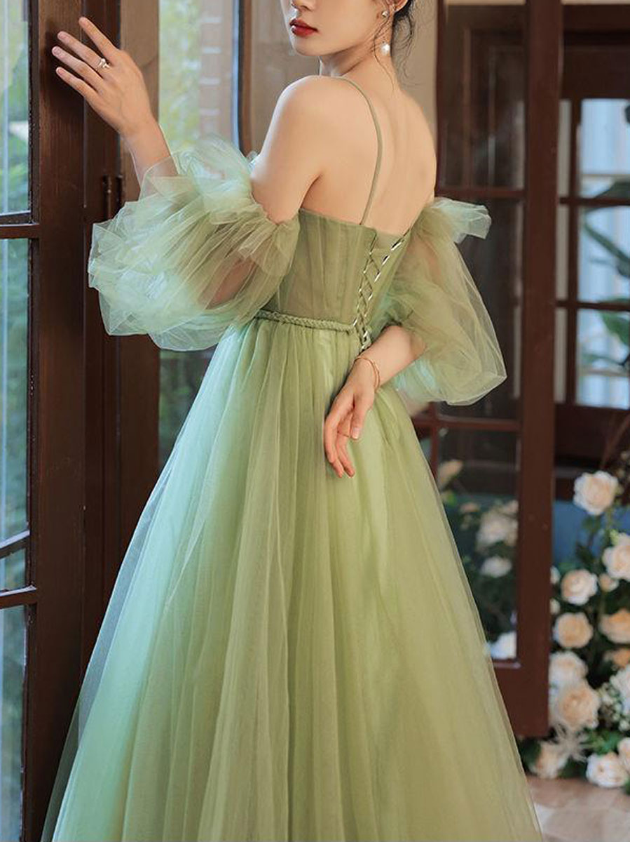 Green A-Line Sweetheart Floor-Length Tulle Prom Dress with Off-the-Shoulder Puff Sleeves