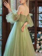 Green A-Line Sweetheart Floor-Length Tulle Prom Dress with Off-the-Shoulder Puff Sleeves