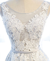 A-line Scoop Neck Floor-Length Tulle Floral Embroidered Prom Dress with Lace-Up Back