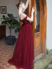 A-Line V-Neck Floor-Length Burgundy Tulle Prom Dress with Draped Cold-Shoulder Straps
