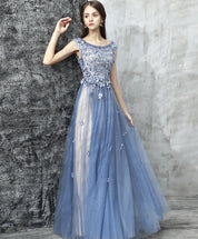 A-line Scoop Neck Cap Sleeve Tulle Prom Dress with 3D Floral Appliques