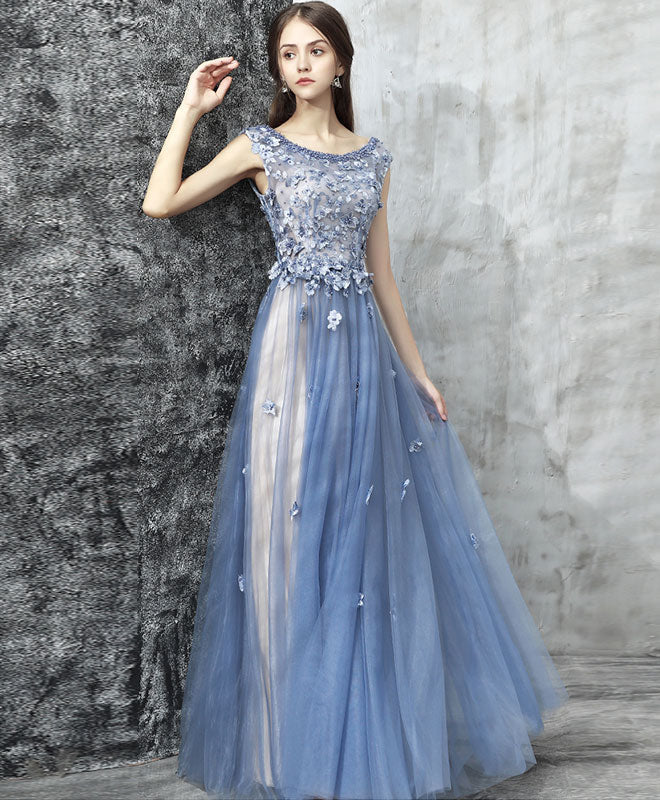 A-line Scoop Neck Cap Sleeve Tulle Prom Dress with 3D Floral Appliques