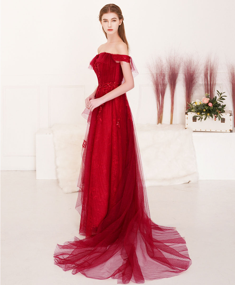 A-Line Off-the-Shoulder Floor-Length Red Tulle Lace Prom Dress with Romantic Floral Appliqué