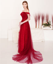 A-Line Off-the-Shoulder Floor-Length Red Tulle Lace Prom Dress with Romantic Floral Appliqué