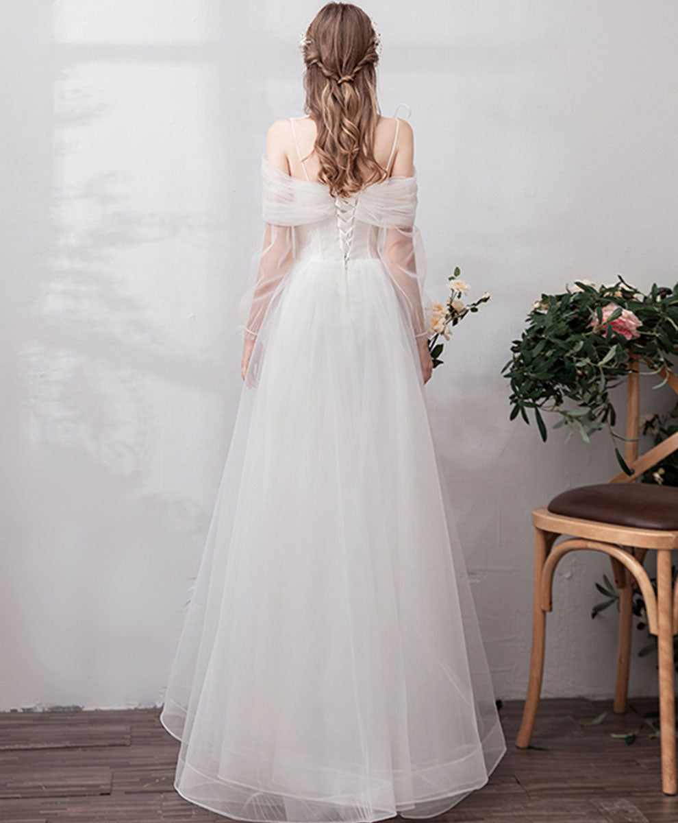 A-Line Ivory Off-the-Shoulder Floor-Length Tulle Prom Dress with Sheer Long Sleeves