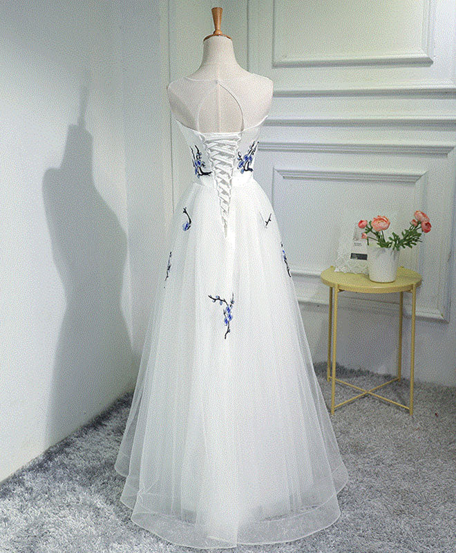 A-Line Sleeveless Illusion Neck Embroidered Tulle Long Prom Dress With Floral Appliqué & Lace-Up Back