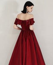 A-Line Sweetheart Floor-Length Burgundy Satin Prom Dress with Off-the-Shoulder Ruffle Sleeves