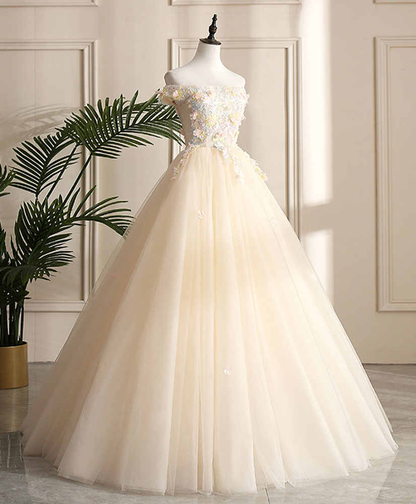 Ball Gown Champagne Off-the-Shoulder Floor-Length Tulle Floral Appliqué Prom Dress