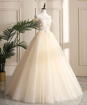 Ball Gown Champagne Off-the-Shoulder Floor-Length Tulle Floral Appliqué Prom Dress