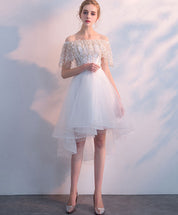 A-Line Off-the-Shoulder High-Low Ivory Tulle Homecoming Dress with Beaded Lace Cape Sleeves
