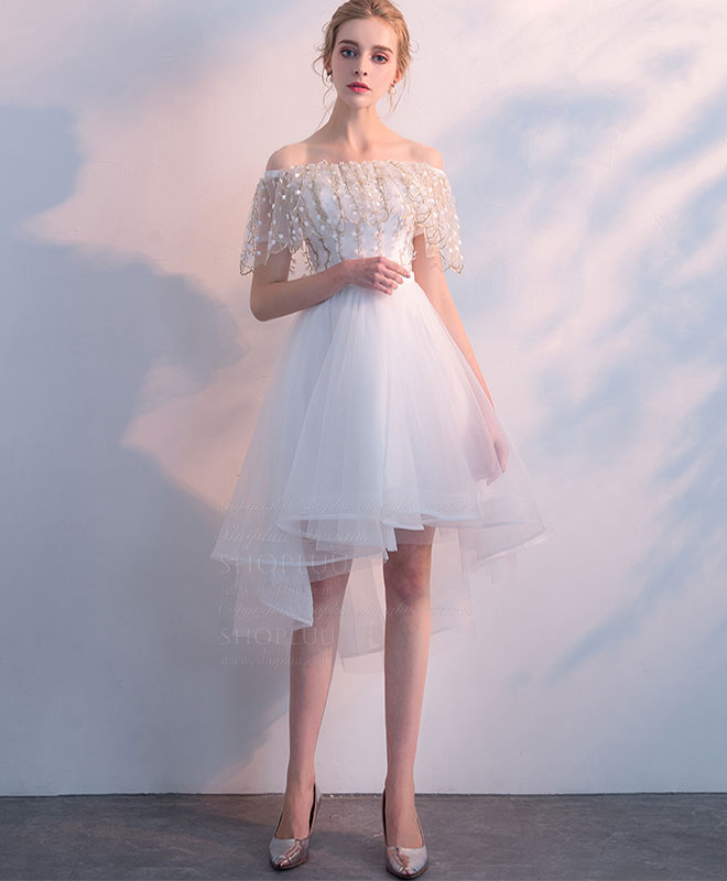A-Line Off-the-Shoulder High-Low Ivory Tulle Homecoming Dress with Beaded Lace Cape Sleeves