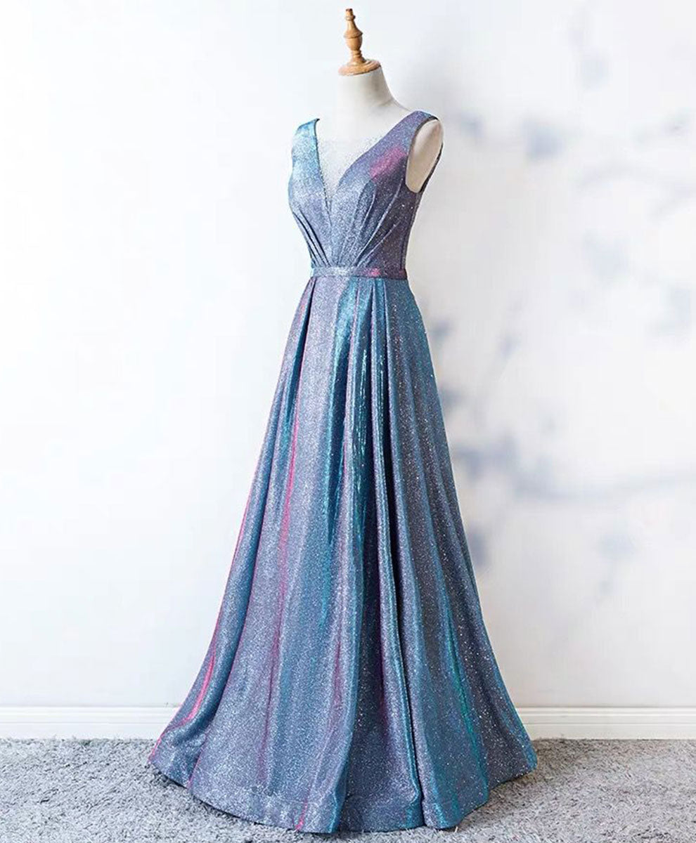 A-Line V-Neck Floor-Length Blue Iridescent Shimmer Prom Dress with Pleated Bodice